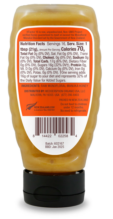 100% Raw Premium Manuka Honey KFactor 16+, 12 Ounce